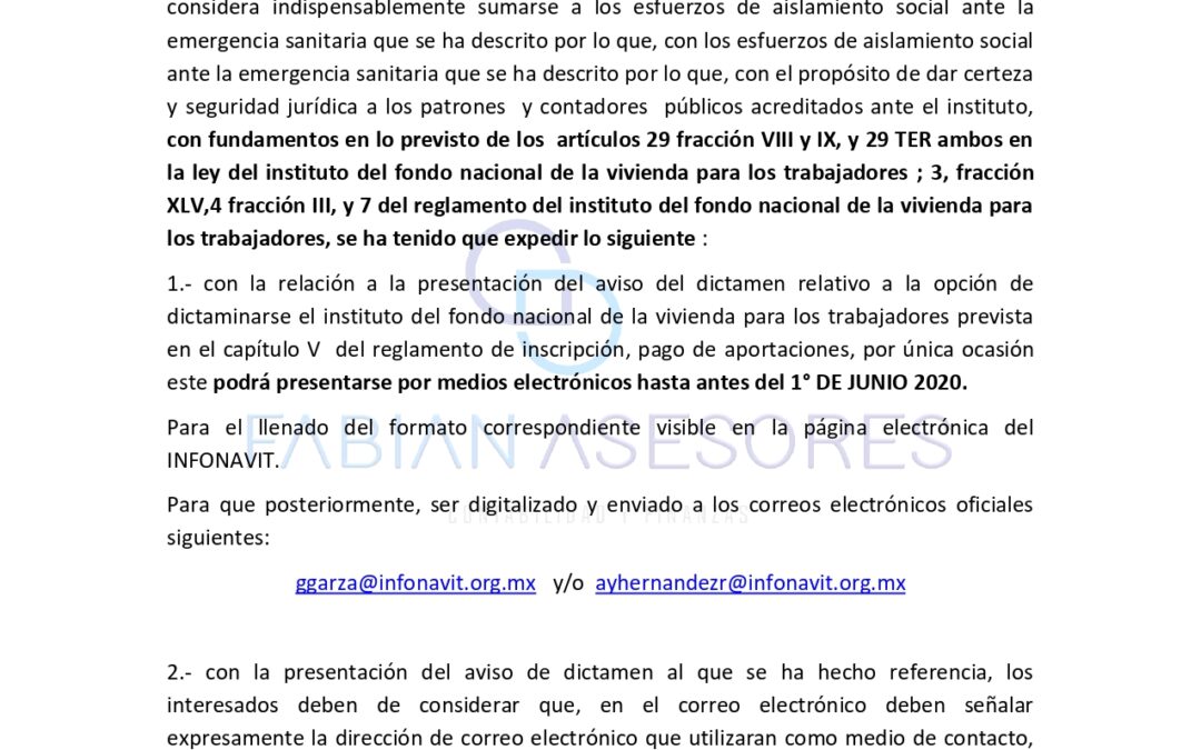 Comunicado general reltivo a la presentación del viso de dictamen Infonavit